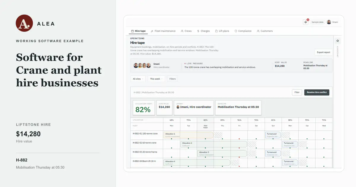 Crane and plant hire businesses app preview